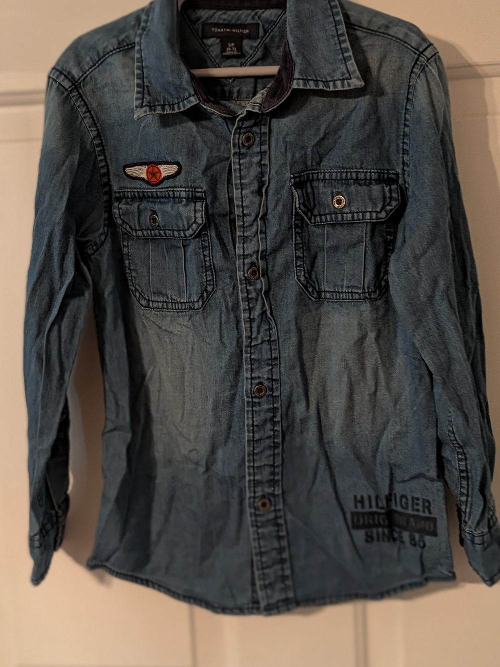 Tommy Hilfiger Small (6-7) Denim Button-Down Shirt with Patch Details